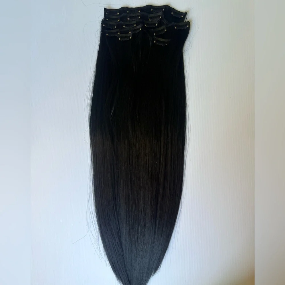 Human hair blend 24 In Long Black hair Extensions in straight Hair Clip in set
